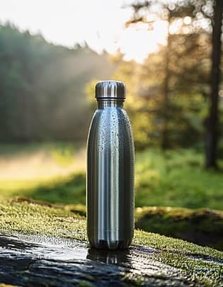 pngtree-stainless-steel-water-bottle-on-mossy-log-at-sunrise-image_16656525